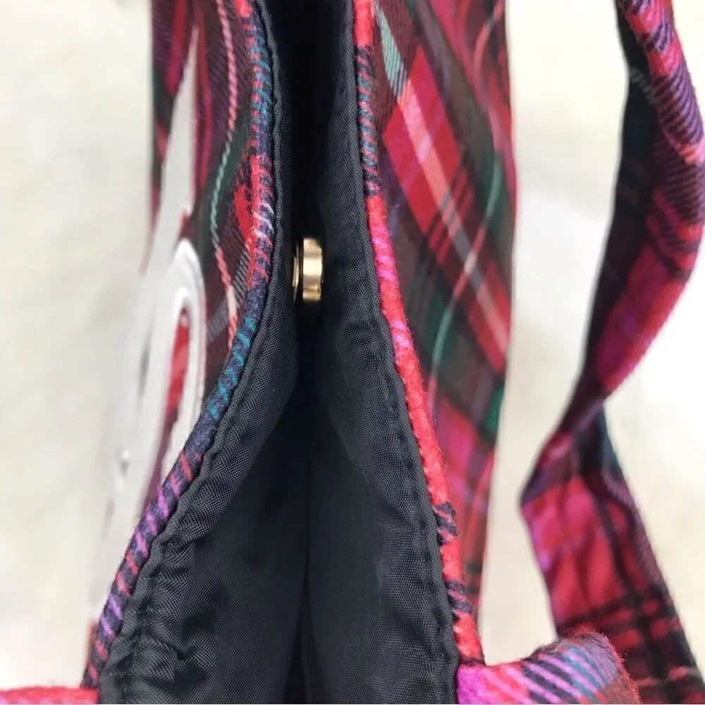 Victoria’s Secret Red Green Plaid Shearling Trim Holiday Winter Travel Tote Bag